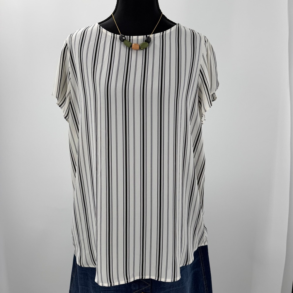 LOFT Striped Flutter Sleeve Blouse White Black Button Back Medium Career capsule